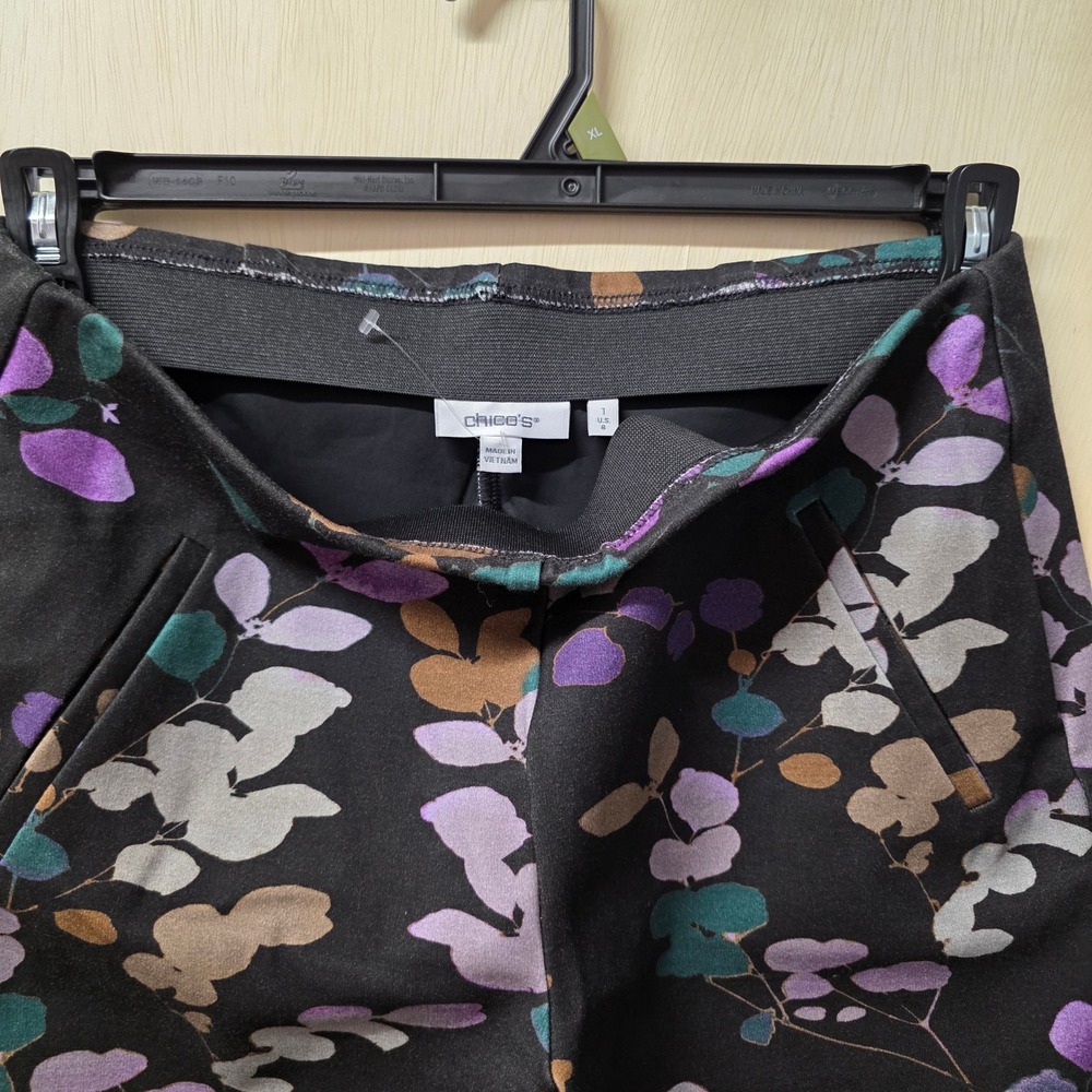 Chicos Brigit Slim Ankle Pants Womens 1 US 8 Black Purple Botanical Leaf Print - Picture 9 of 16
